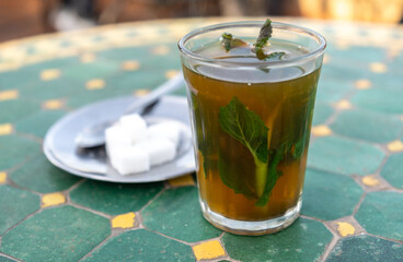 Moroccan Mint Tea in Teapot and Glass, Traditional Morocco Drink