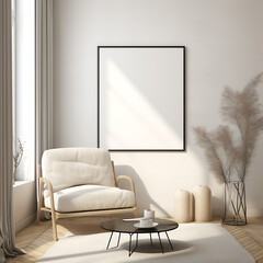  ISO A paper size. Living room wall poster mockup. Interior mockup with house background. Modern interior design. Frame mockup, 3D render
