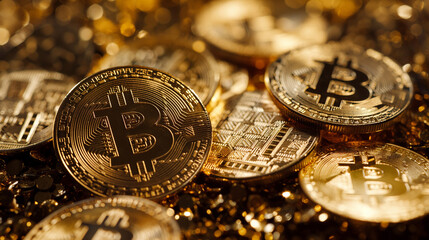The image displays multiple Bitcoin coins on a reflective surface, shimmering with golden tones, symbolizing wealth and digital currency