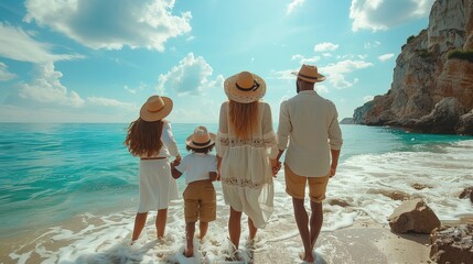 Happy family on the background of the beach during a long-awaited vacation. Family holding hands enjoying time on the beach. Happy family travel and vacation concept.