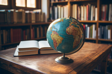 Vintage Globe on Desk with Open Book