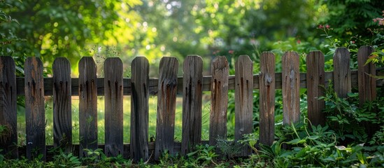 A sturdy wooden fence stands tall in the middle of a lush green field. The contrast between the natural surroundings and the man-made structure creates a harmonious scene.