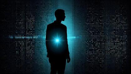 Silhouette of man looking through the digital matrix background