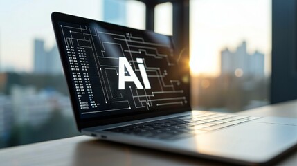 A laptop screen displays the word AI in white letters on a black background. Concept of technology and innovation, as AI is a rapidly advancing field with many potential applications - obrazy, fototapety, plakaty