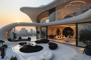 A futuristic rooftop terrace. Black and white interior design.