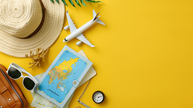 Flat lay travel background with plane, map and hat. 