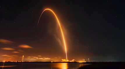 A powerful rocket launches into the night sky, leaving a fiery trail behind, rocket launch, generative ai