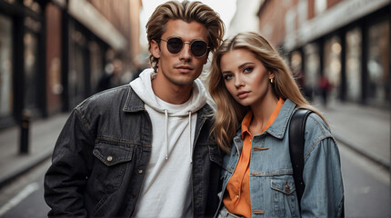 Stylish young woman and man in their 20s wearing jeans jackets on city street background. 90s fashion style. Street fashion, vintage outfits