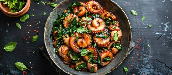 An overhead view of a bowl filled with octopus and spinach salad, showcasing the vibrant colors and textures of the dish.