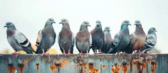 Fotobehang A flock of pigeons are gathered on top of a steel structure, perched closely together. © FryArt Studio