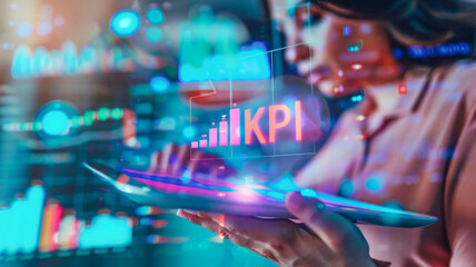 Businesswoman reviewing KPI graphs on tablet screen.