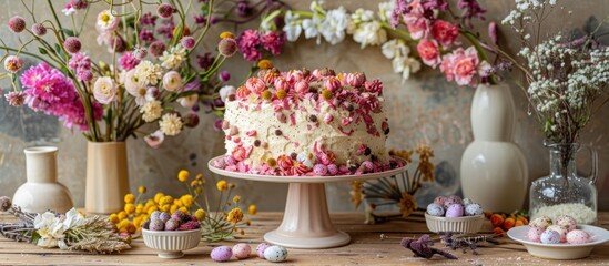 A vibrant cake with spring colors sits on a table next to a bouquet of fresh flowers.