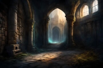 Fototapeta premium A spectral, glowing portal within a decaying, ancient castle's crumbling stone walls, revealing a phantasmal realm beyond.