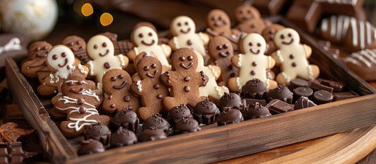 A wooden tray piled high with various types of cookies, including chocolate chip, oatmeal raisin, and gingerbread, creating a tempting dessert display.