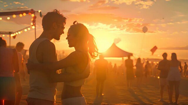 A couple dances closely at a beach festival, bathed in the warm glow of the setting sun
