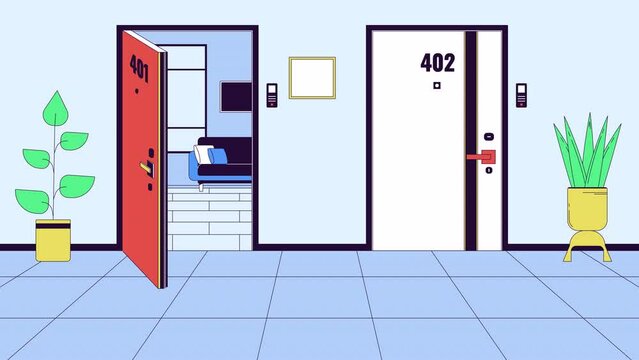 Complex apartment doors inside line cartoon animation. Neighborhood doorways residence 4K video motion graphic. Corridor residential hallway wall condo 2D linear animated scene on colorful background
