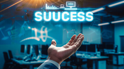 
Businessman's hand, palm up, blue background, office furniture, floating word "SUCCESS", futuristic, digital, emphasizing business.