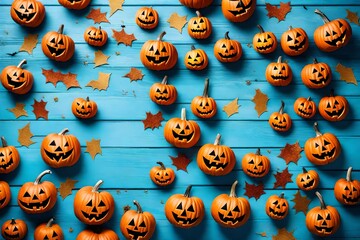 "Halloween glitter pumpkin jack-o'-lantern decor with whimsical and funny faces arranged on a sky blue wooden background. Festive and colorful Halloween concept. - Powered by Adobe