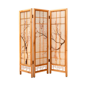 Folding screen with a picture of a sakura tree. Isolated on transparent background.