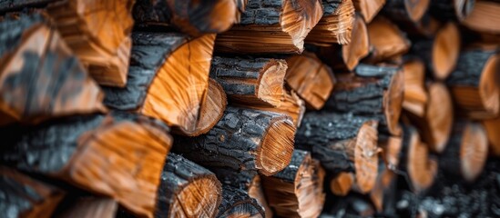 A stack of wood logs neatly arranged on top of each other, ready for use as firewood or building material.