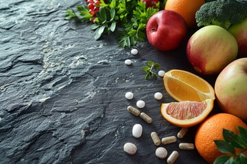Fresh apples, oranges, broccoli, and herbs with dietary supplement pills on a slate background....