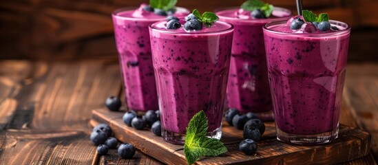 Three glasses filled with vibrant blueberry smoothie, each adorned with a fresh sprig of mint.