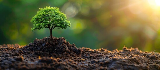A small green tree sits atop a pile of dirt, showcasing growth and nature in a simple setting. - obrazy, fototapety, plakaty