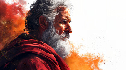 A powerful portrait of a figure reminiscent of the biblical Moses, with a red cloak and a determined expression, in a vivid, painterly style. - obrazy, fototapety, plakaty