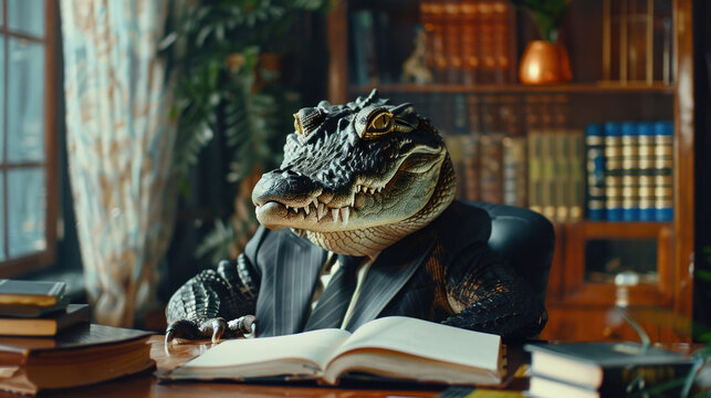 Scary, cold-blooded, dangerous corporate boss depicted as crocodile or alligator in his office