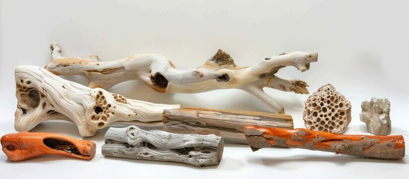 A collection of driftwood pieces from various types of wood neatly arranged next to each other, showcasing unique patterns and textures.