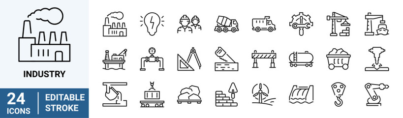 Industry web icons in line style. Mass production, manipulator, factories, mine, collection. Vector illustration. Editable stroke