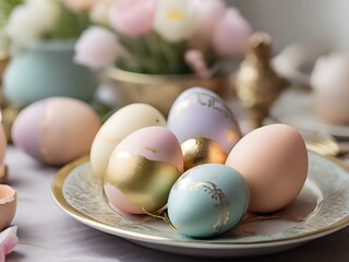 Close up of pastel easter eggs on plate