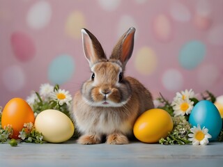 Cute rabbit with colorful Easter eggs and flowers - spring celebration. AI generated