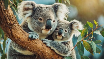 Koala bear with baby on a tree