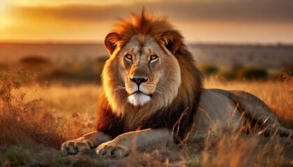 Lion lies background sunset