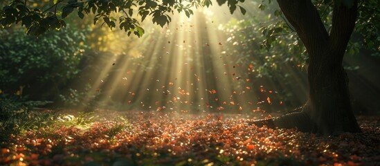 A dense forest with a multitude of trees and leaves, illuminated by the sun shining through the foliage. - obrazy, fototapety, plakaty