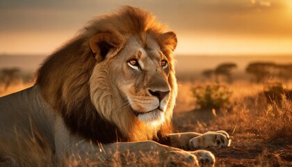 Lion lies background sunset