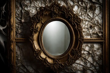 A macabre, ornate, and cobweb-covered mirror reflecting a haunted reflection, revealing a ghostly world within its antique, gilded frame.