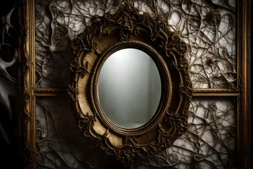 Deurstickers A macabre, ornate, and cobweb-covered mirror reflecting a haunted reflection, revealing a ghostly world within its antique, gilded frame. © Resonant Visions