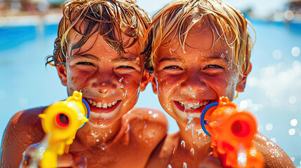 Two children in a wet pool playing with water guns in summer