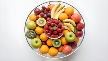 Top view of a fruit filled glass bowl in white background
