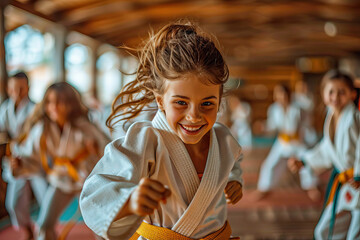 Children practicing martial arts on a tatami - obrazy, fototapety, plakaty