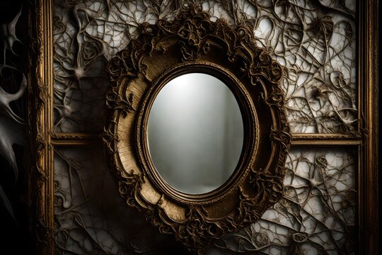 A macabre, ornate, and cobweb-covered mirror reflecting a haunted reflection, revealing a ghostly world within its antique, gilded frame.