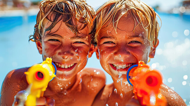 Two children in a wet pool playing with water guns in summer - Powered by Adobe