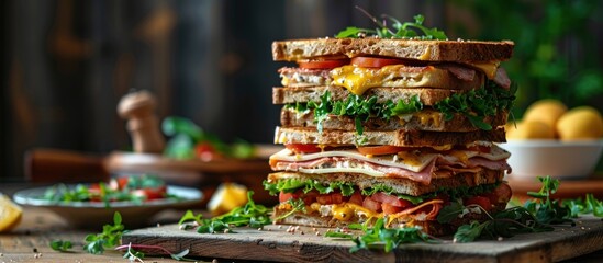 A stack of sandwiches sits atop a wooden cutting board.