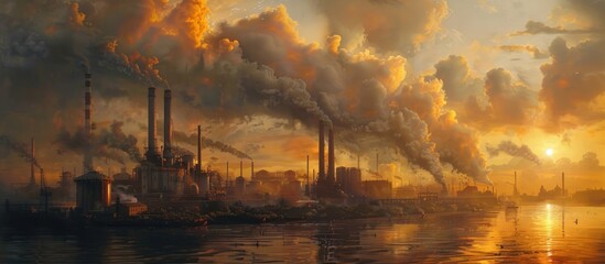 A painting depicting a factory with billowing smoke pouring out of it. The industrial scene portrays heavy pollution and human impact on the environment. - obrazy, fototapety, plakaty
