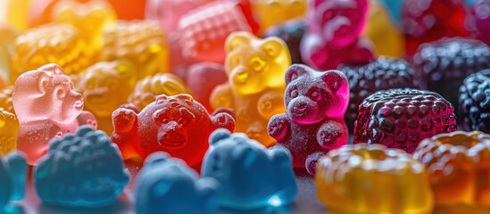 A collection of assorted gummy bears sitting closely side by side in a colorful display. - obrazy, fototapety, plakaty