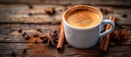 A cup of coffee surrounded by cinnamons and star anise on a weathered wood surface. - obrazy, fototapety, plakaty
