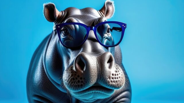 Portrait of a hippopotamus with glasses on a blue background. The concept of vision, rest. Creative design. Space for text, free space, space for copying.