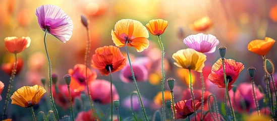Foto op Canvas A variety of colorful wild poppy flowers bloom in the grass, adding a vibrant touch to the natural landscape. © FryArt Studio